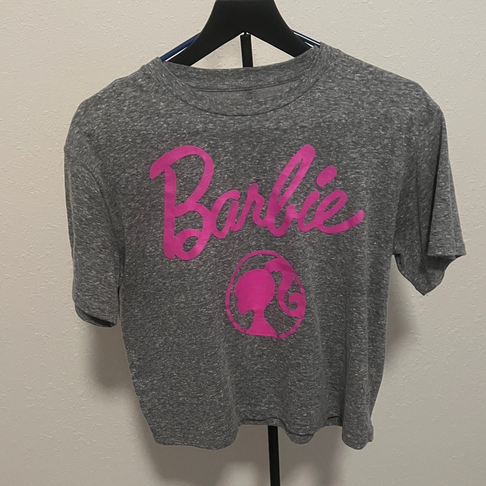 Barbie Heather Gray Tee with Pink silhouette Logo